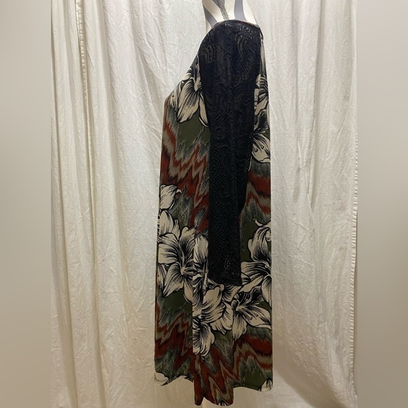 Women’s Plus Size Earth Tone Floral Trapeze Flowy Dress Lace Sleeve‎ Pockets 3X - Picture 4 of 11